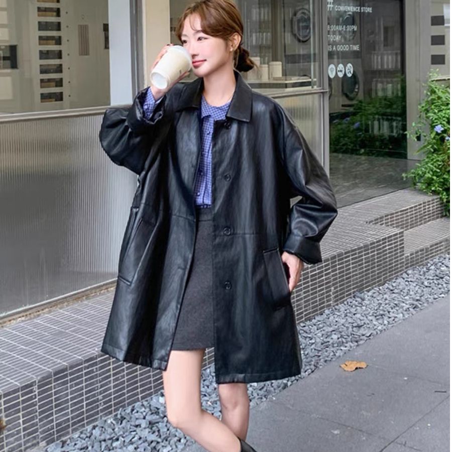 黑色美式氣質甜酷炸街皮衣中長款外套女2025春季新款百搭PU皮夾克