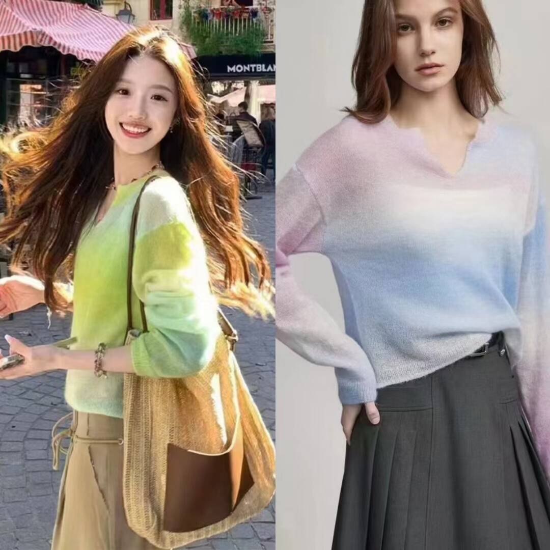 馬海毛混紡漸變毛衣女2025春裝薄荷漫波新款寬鬆慵懶毛針織衫