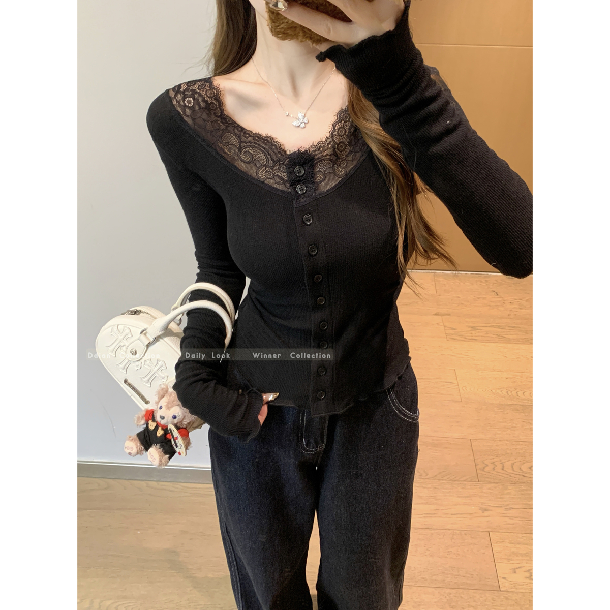 Real shot, the new Korean version of the pure lace side, single-breasted design, slim long-sleeved cardigan T-shirt top