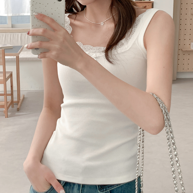 Real photo of white lace suspender vest for women wearing spring pure slim short sleeveless top