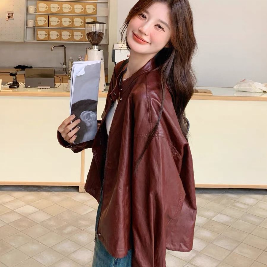 Ankorah Red Retro Motorcycle PU Leather Jacket for Women, 2025 Spring New Fashion Youthful Short-Packed Jacket