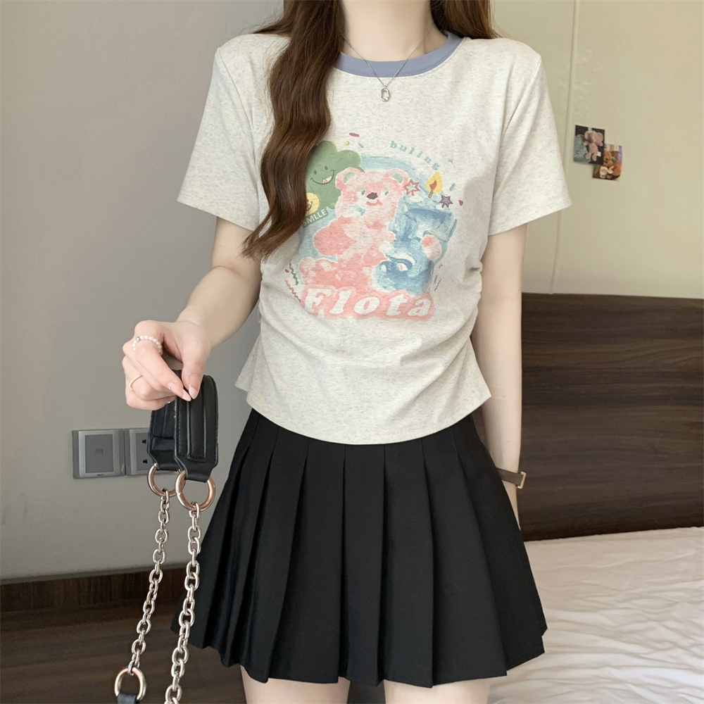40支純棉210克92棉/8氨綸短袖T恤女印花撞色