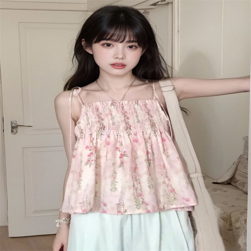 Floral suspender strap printed small vest for women in summer outside with sleeveless tops for women