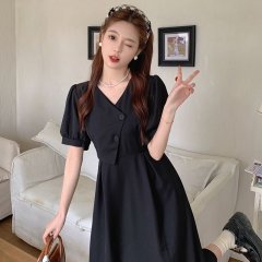 大碼女裝減齡設計感粉紅色連衣裙女夏季胖妹妹v領泡泡袖氣質長裙