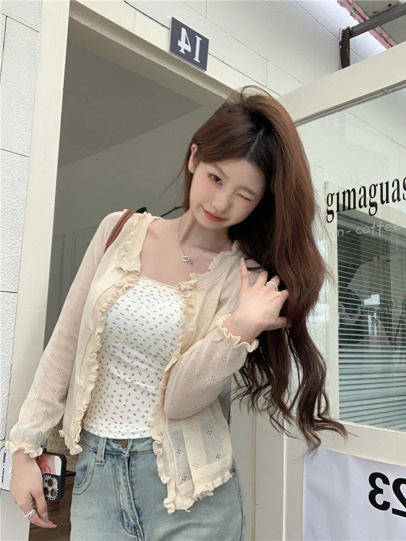 Real shot of summer Korean loose lace hollow imitation linen thin sunscreen cardigan knitted long-sleeved top