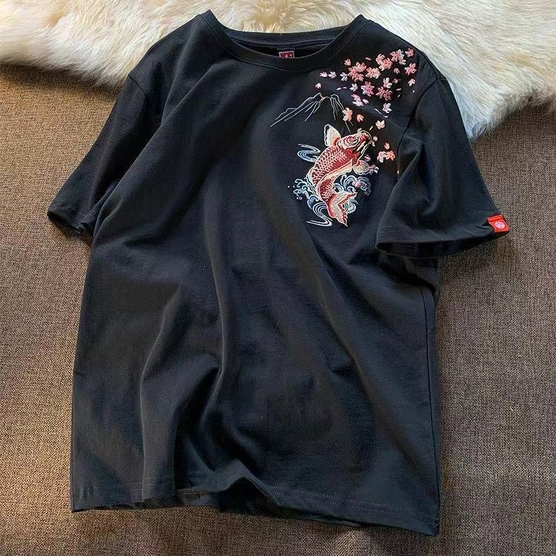 21支210g精梳純棉 圓領夏季新款大碼寬鬆休閒刺繡短袖T恤男女情侶