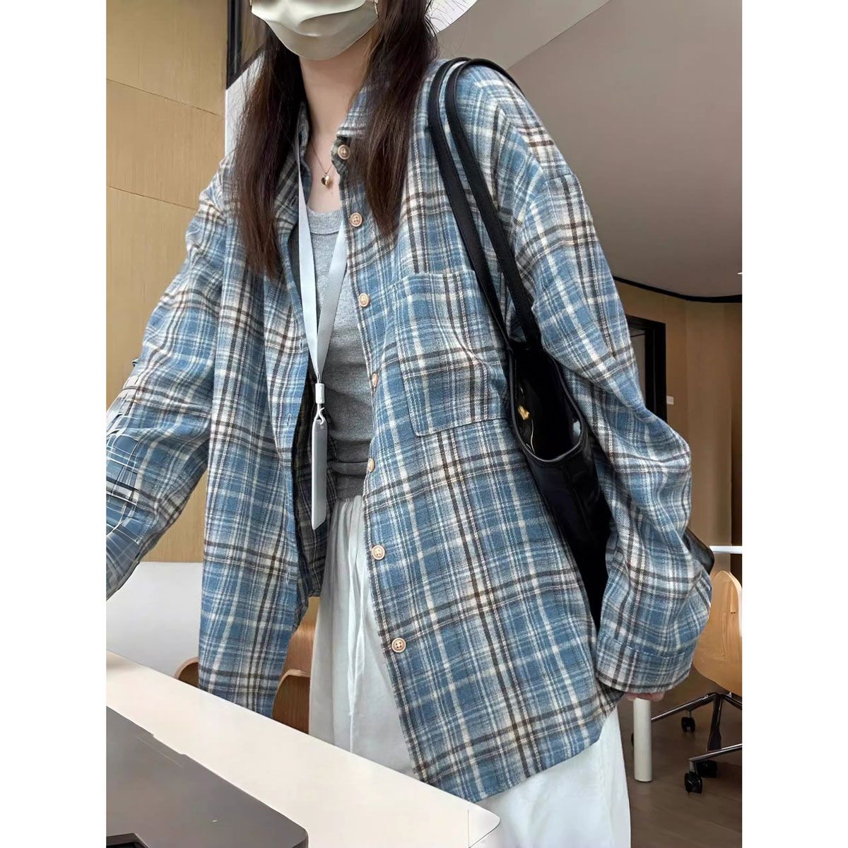 格子長袖襯衫女春秋大碼寬鬆顯瘦原宿風休閒百搭襯衣