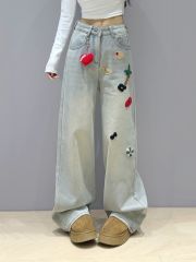 美式早春新款牛仔褲女設計感小眾刺繡寬鬆高腰直筒闊腿拖地褲