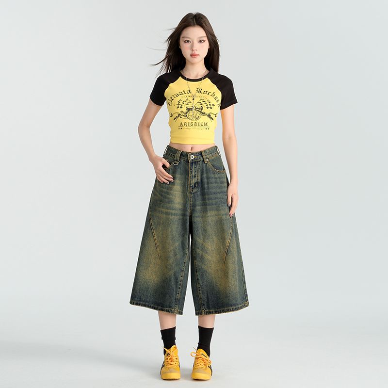 Real shot of 2025 spring and summer fashionable wide-leg celebratory jeans women's loose drooping pants
