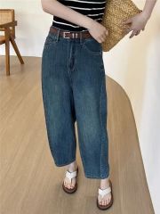 2025春夏新款梨形身材香蕉闊腿牛仔褲女高腰直筒九分哈倫褲子