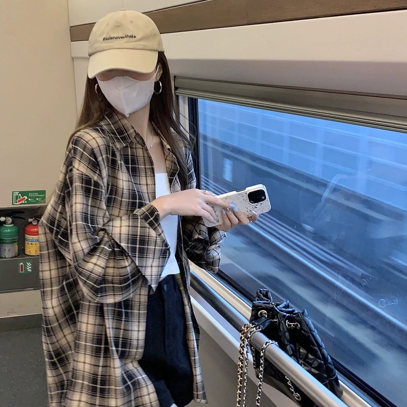 格子襯衫女夏季薄款設計感上衣寬鬆慵懶風防曬襯衣外套