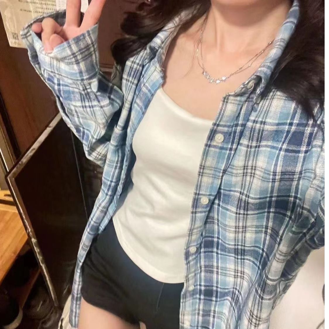 春秋2025慵懶風藍色格子襯衫外套女新款寬鬆襯衣設計感高級上衣