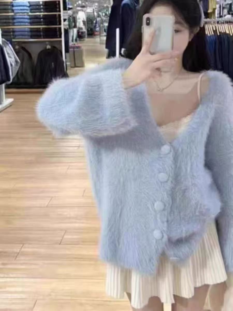 慵懶風軟糯水貂絨毛衣外套女秋冬年新款寬鬆外穿針織開衫上衣