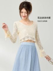 2025 spring and summer new product design sense hollow short high waist versatile knitted inner lining blouse women's long-sleeved sun protection outer wear