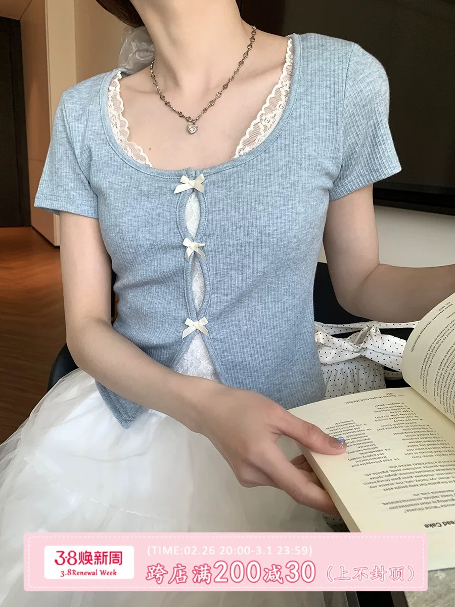 hollyii 韓系甜美百搭短款蝴蝶結蕾絲拼接短袖t恤女上衣2025新款