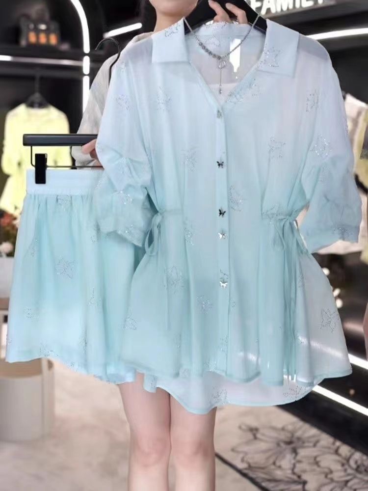 法式漸變蝴蝶燙鑽襯衫套裝女夏季新款綁帶設計上衣短褲一整套