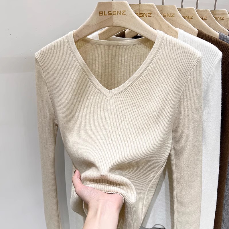 2025 early spring new European v-neck sweater for women's fashionable slim long-sleeved top base shirt for women's underwear sweater