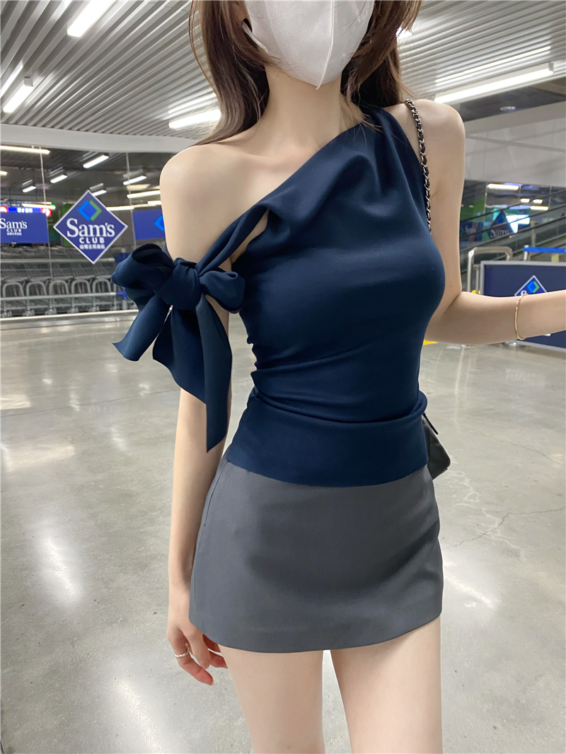 Real shot of summer designer French off-shoulder knitted streamer off-shoulder vest T-shirt for women