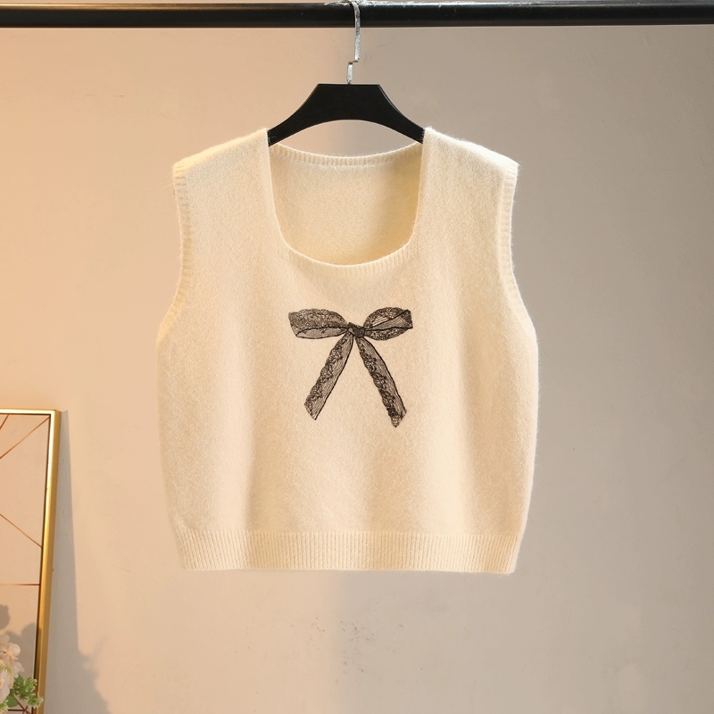 Short knitted sweater vest vest for women with inner wear 2025 spring and autumn new style bow layered horse clip top