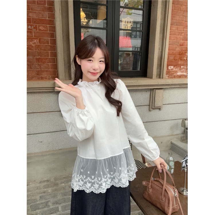 100% cotton lace spliced ​​long-sleeved shirt layered