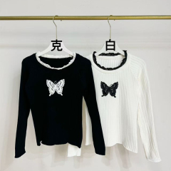 韓系小香風方領蕾絲邊毛針織衫毛衣女秋冬高級感蝴蝶結內搭打底衫