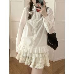 三標齊全--純棉 花邊下擺設計感白色襯衫女春秋新款內搭上衣