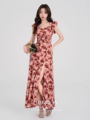 茶歇碎花裙法式氣質絕美連衣裙女夏季新款收腰顯瘦開叉長裙