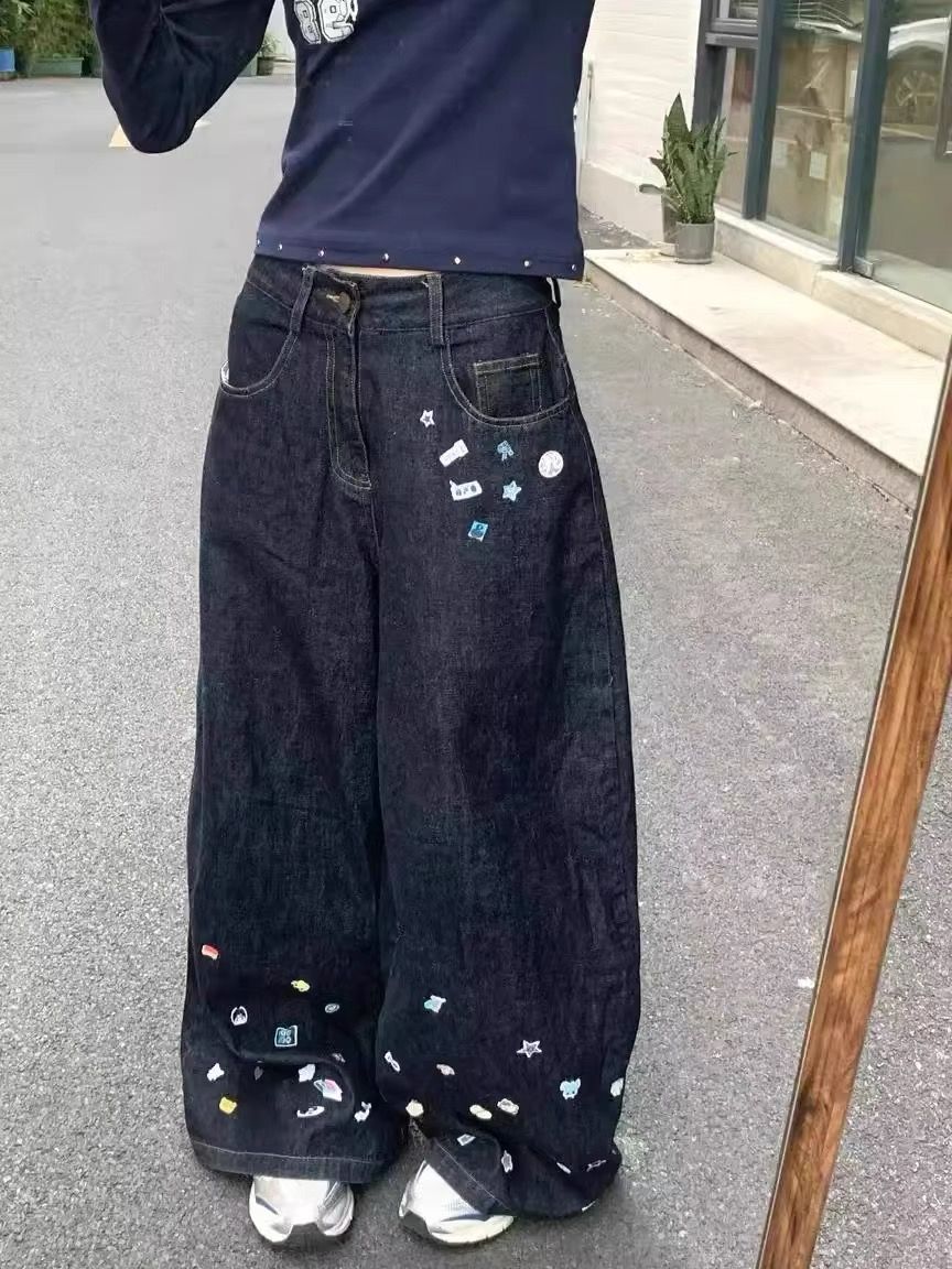 美式復古卡通貼紙印花牛仔褲女春秋新款設計感寬鬆顯瘦闊腿拖地褲