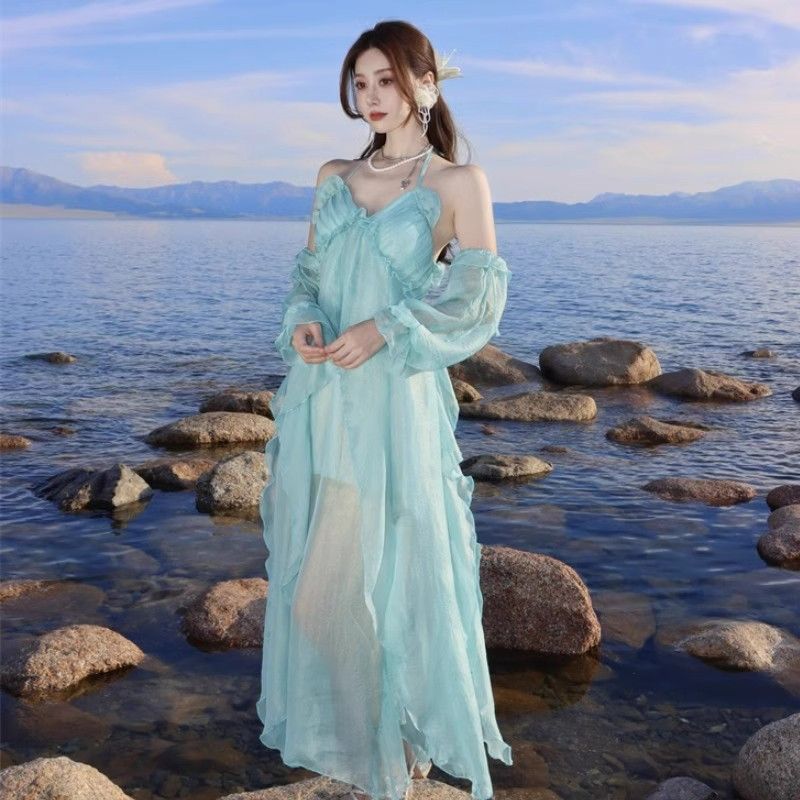 French beautiful blue and green vacation style halter neck hanger dress on the beach taking photos exquisite fairy beach backless long skirt