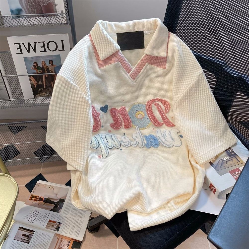 220g華夫格後 夏季寬鬆字母刺繡短袖T恤男女大碼300斤Polo領上衣