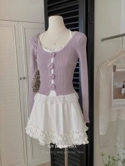 Purple hollowed-out 3D floral knit sweater + lace-trimmed halterneck straps