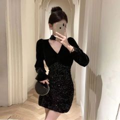 法式氣質新款連衣裙秋季長袖禮服亮片收腰拼接顯瘦裙子短裙