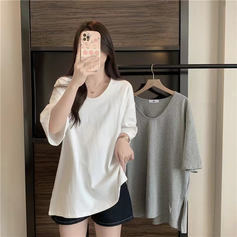 實拍純棉下擺開叉短袖T恤女中長款半袖上衣