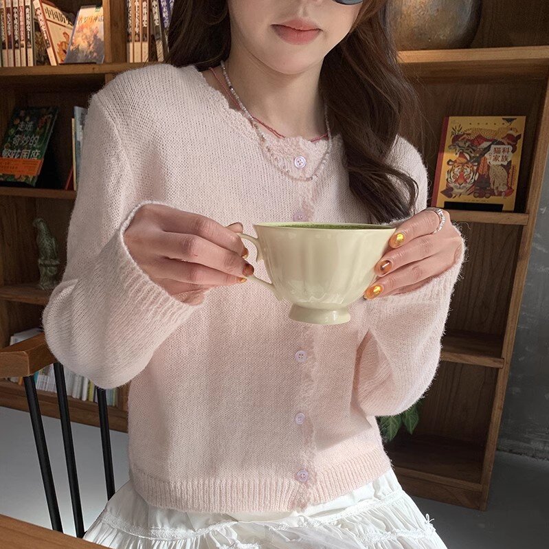 韓系小清新甜美花邊溫柔風2025早春新款軟糯單排扣針織開衫上衣