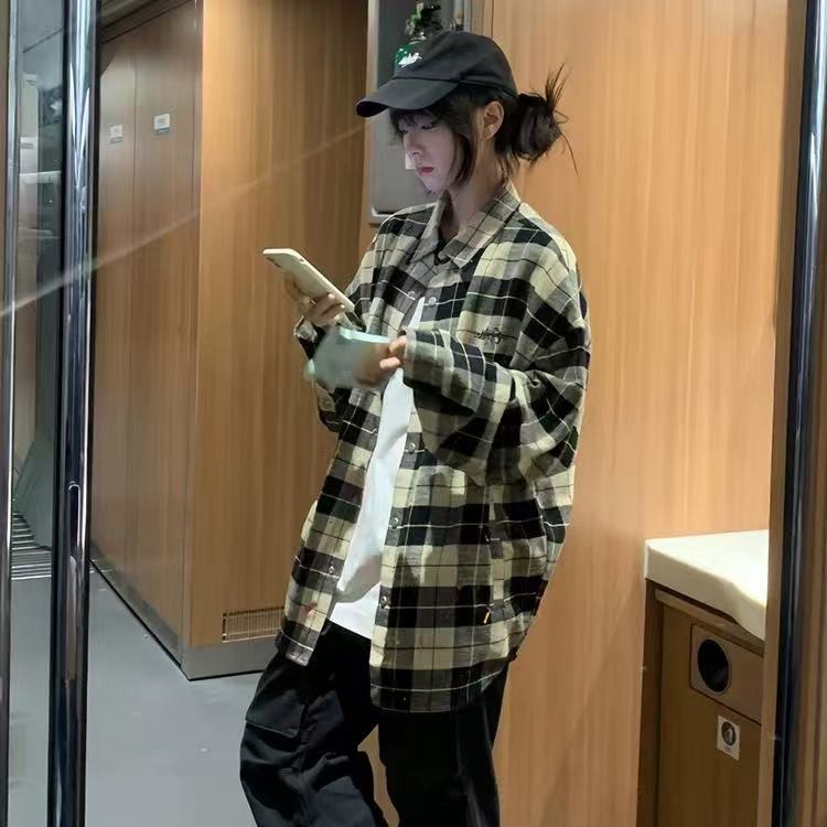 美式慵懶風長袖襯衫女刺繡寬鬆休閒格子防曬襯衣高級感外套上衣潮