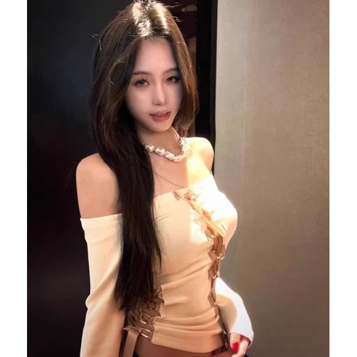 1*1 person cotton 260g white one-shoulder T-shirt for women's straps slim and pure long-sleeved top