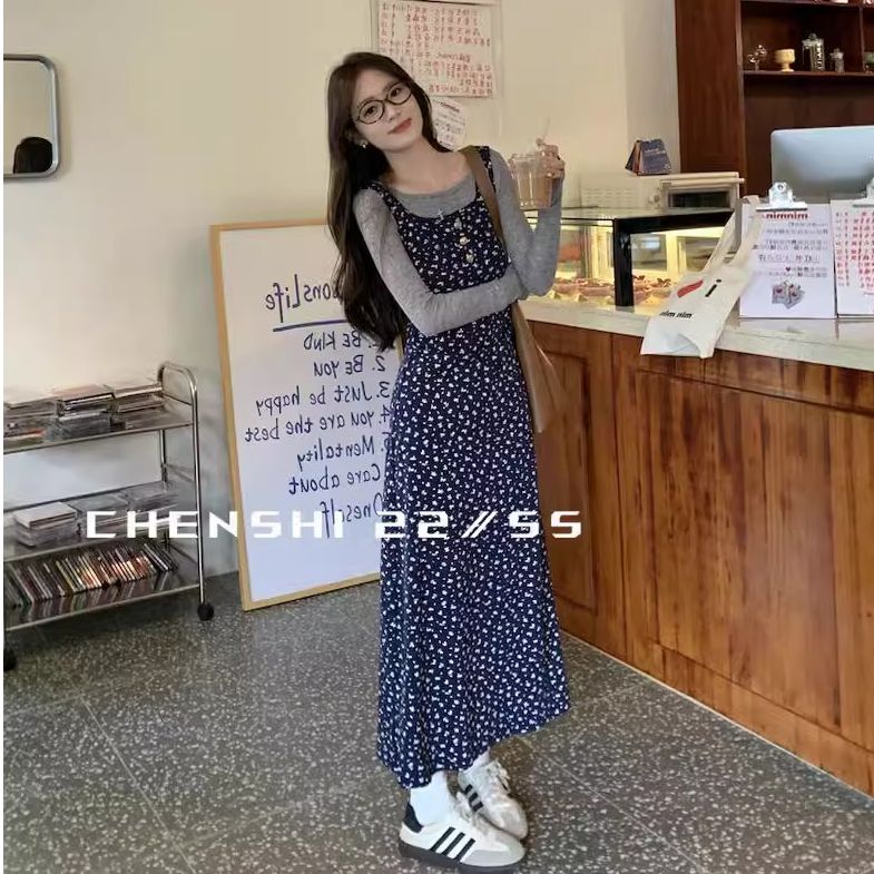 藍色碎花連衣裙女秋季復古法式收腰顯瘦疊穿假兩件裙子