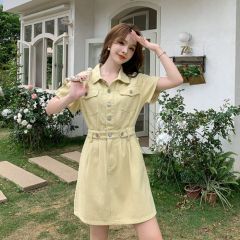 學生少女港味復古翻領短袖連衣裙女裝夏季氣質收腰顯瘦A字裙短裙