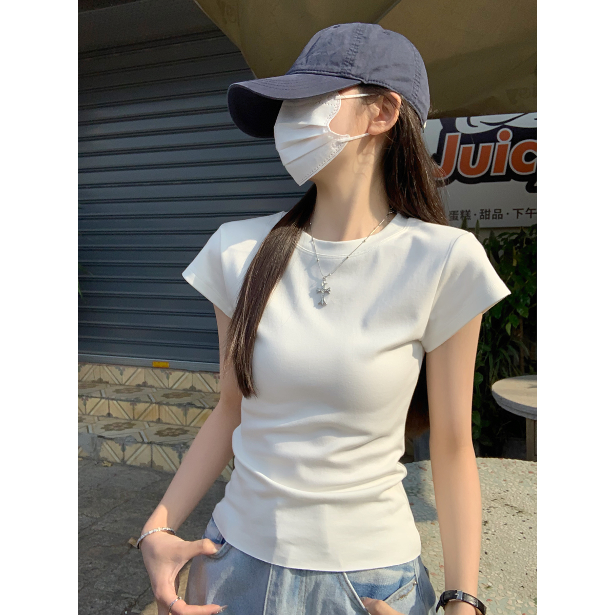 Real shot of spring and summer Korean style round neck temperament, straight shoulder versatile solid color 260g pure cotton short-sleeved T-shirt top