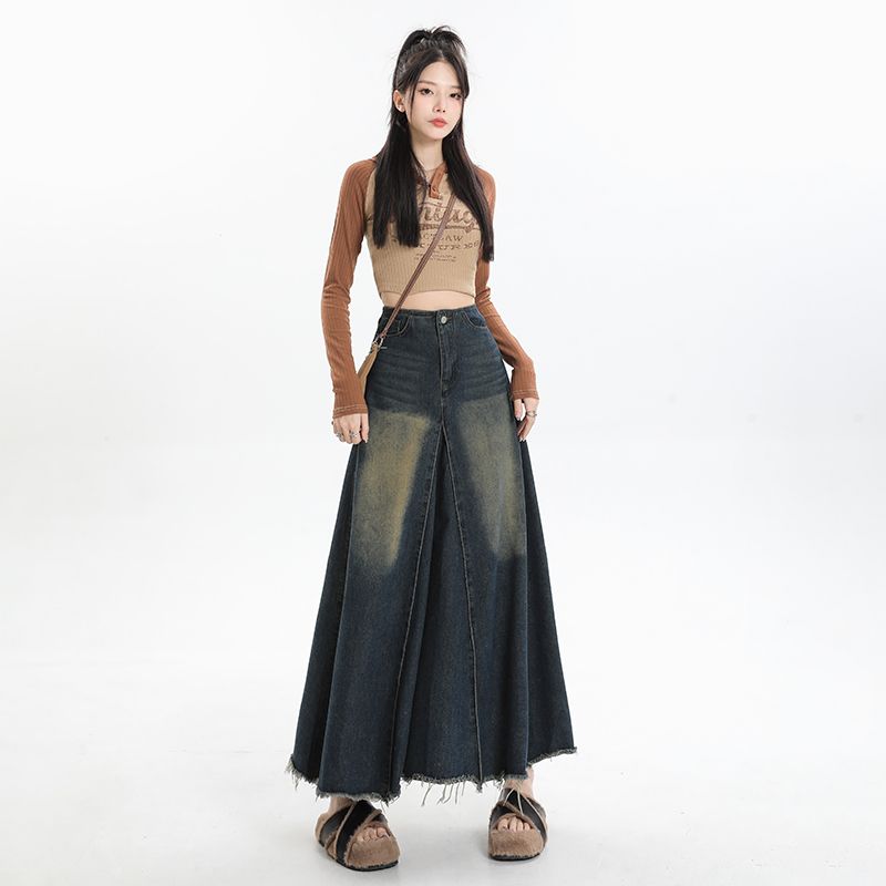 Real shot of 2025 spring fashion retro washing denim skirt women's large pose spliced ​​fur skirt