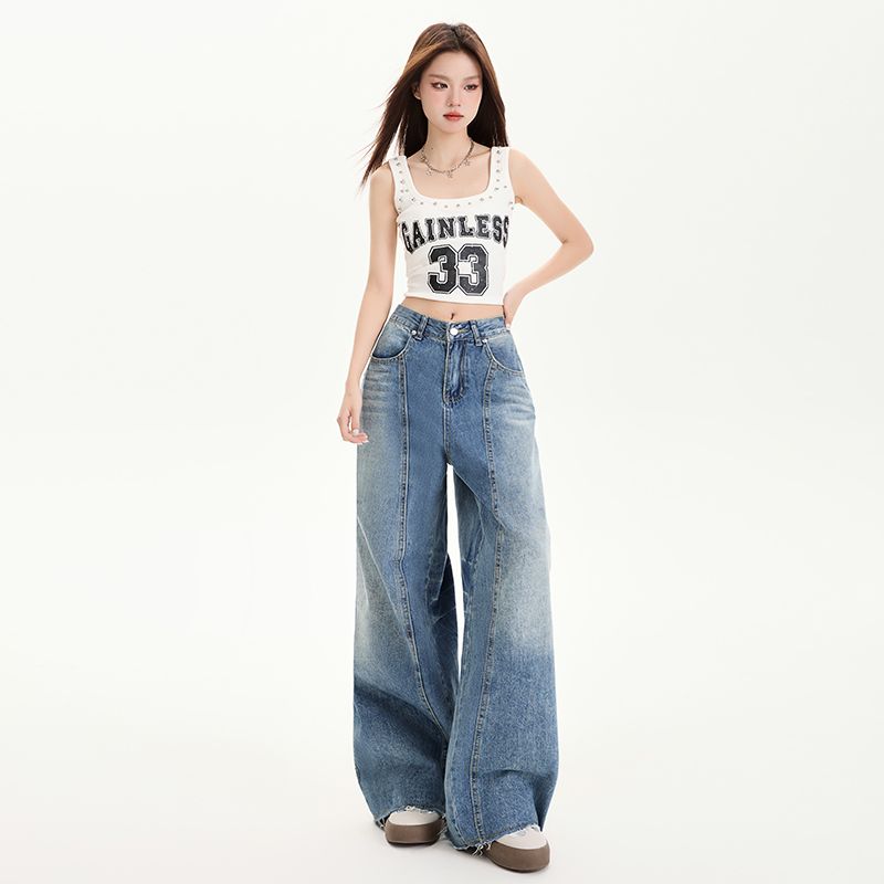 Real shot of 2025 spring fashion trend casual pants for women high waist drooping wide-leg pants