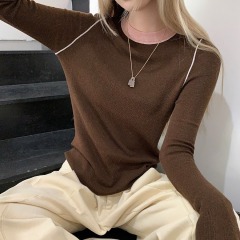2025新款復古撞色拼接內搭針織衫女裝早秋設計感修身薄款正肩上衣