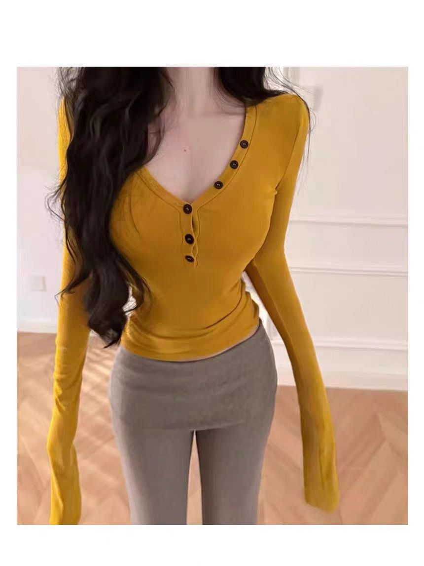 1x1 threaded combed cotton hot girl retro button half-open collar long-sleeved T-shirt women's base shirt sexy inner top