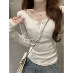 Real shot of early spring Korean version of round neck half-open button pocket design slim long-sleeved T-shirt base shirt top