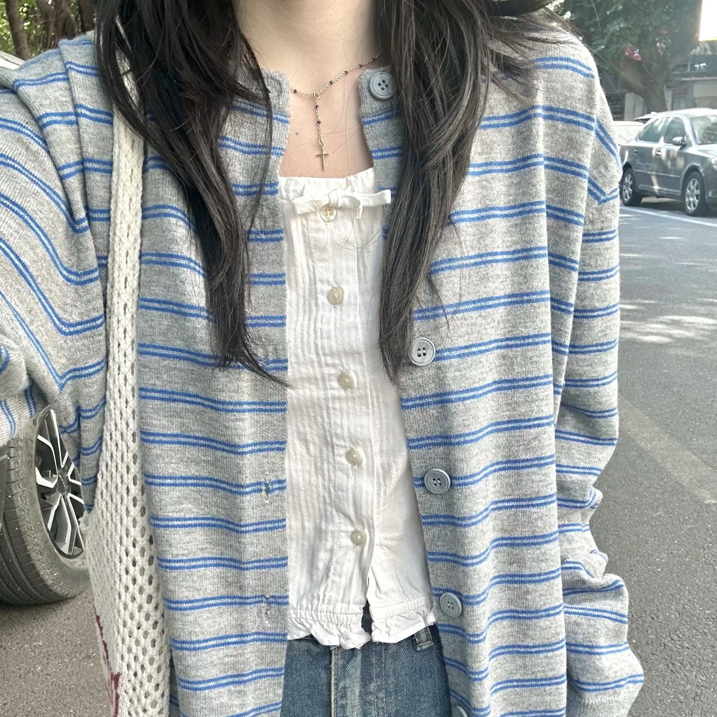 復古圓領撞色條紋針織開衫女秋冬2025新款寬鬆休閒單排扣毛衣外套