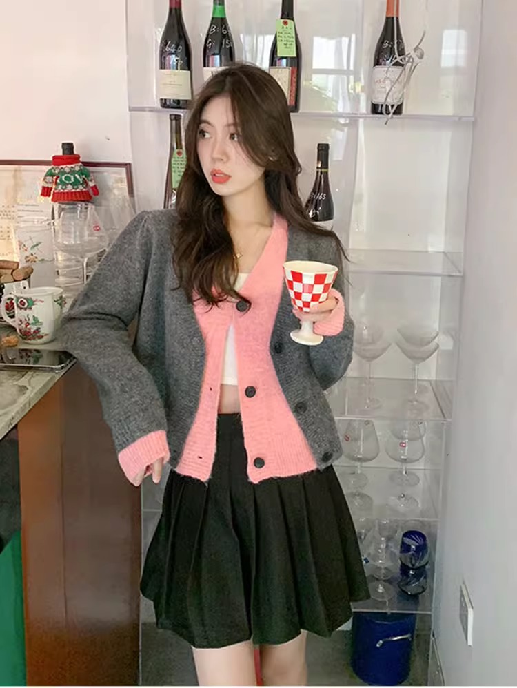 假兩件拼接毛衣女春秋季韓系穿搭超好看短款針織開衫上衣