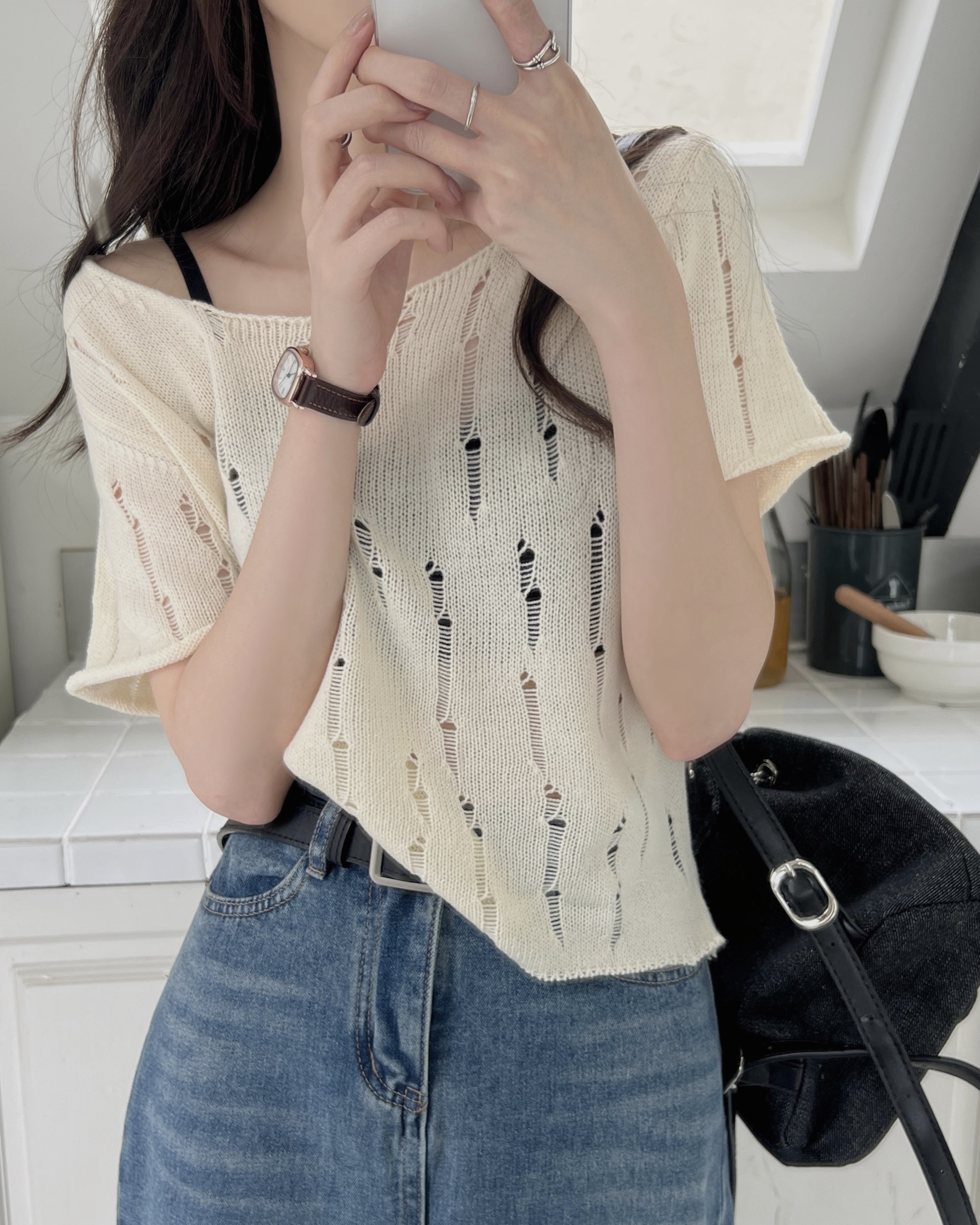 Real shot, cute hollow knitted fashionable and versatile short sleeves