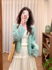 韓系穿搭早春上衣小香風鏤空薄款毛衣開衫外套女小個子外搭針織衫