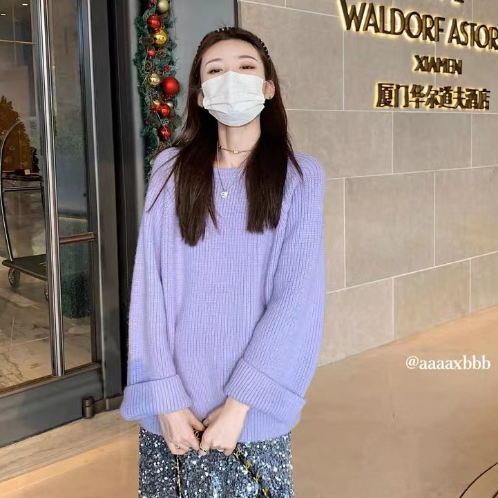 針織毛衣女秋冬新款軟糯兩色套頭大毛衣女圓領韓系寬鬆顯瘦上衣