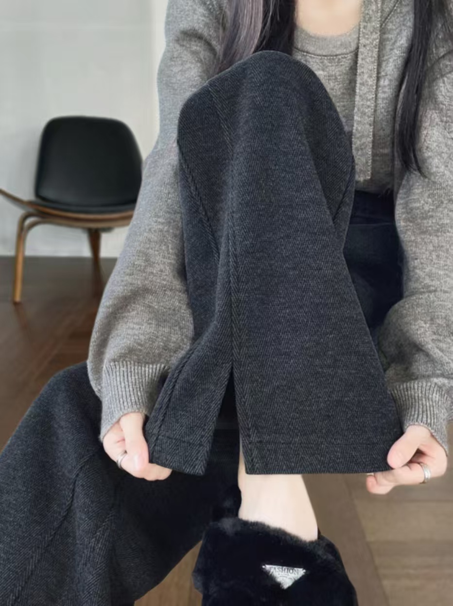 原版人字紋闊腿褲女新款毛呢開叉褲子直筒休閒窄版香蕉褲